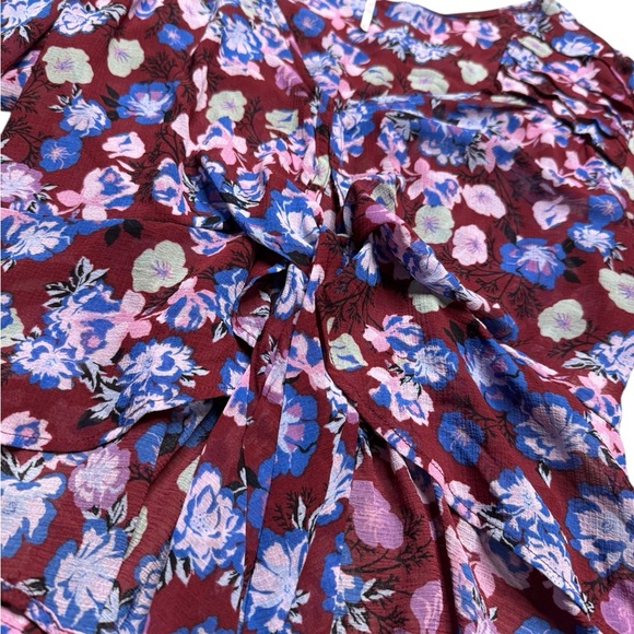 💐✨ Free People Floral‎ Ruffle Tie Front Blouse Maroon Blue XS ✨💐 - Picture 6 of 6